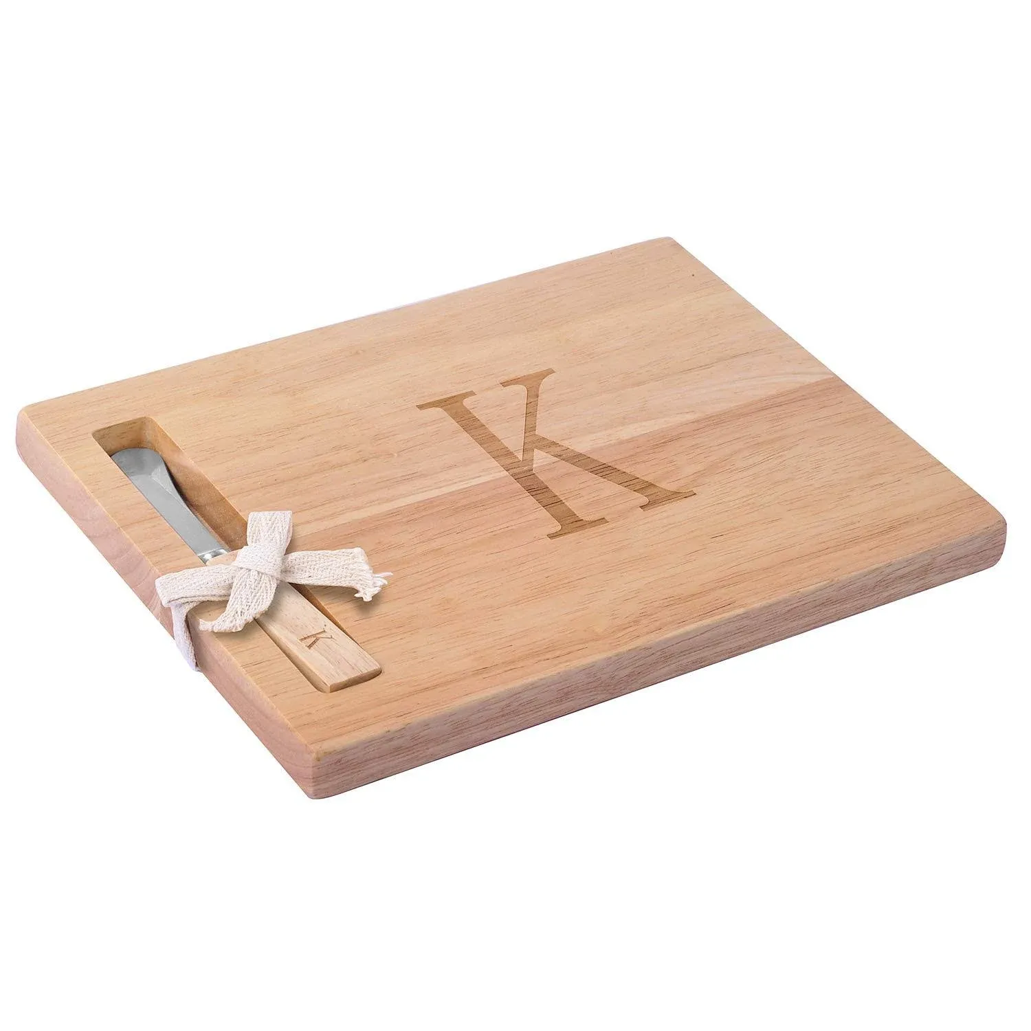 C&L Monogram Oak Wood Cheese Board with Spreader, K-Initial (K)