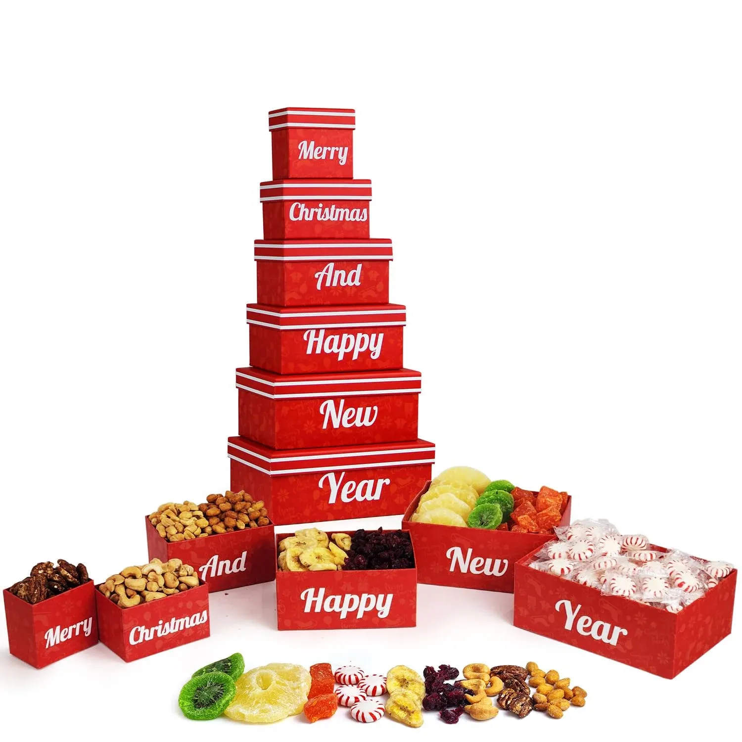 Simple Orchards Merry Christmas and Happy New Year 6 Tier Indulgence Gift Basket Tower with Fresh Nuts and Snacks