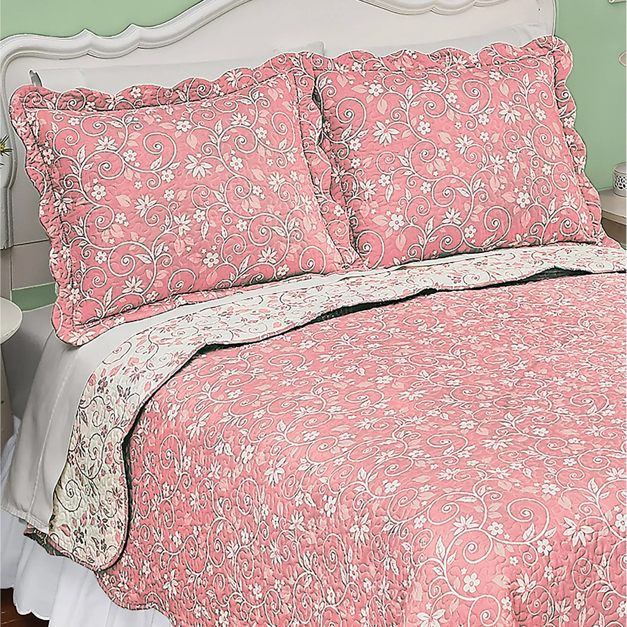 Floral Scroll Two-Tone  with Scalloped Edges Reversible Pillow Sham