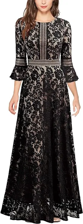 MISSMAY Women's Vintage Full Lace Contrast Bell Sleeve Formal Long Dress