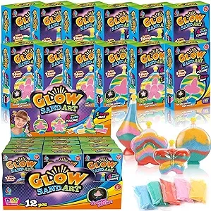 12 Pack Create Your Own Magic Sand Art Glitter Activity | Glow in the Dark Colored Custom Sand Kits for Kids - Includes 12 Bottles, Funnels, Sticks, 60 Bags of Colorful Sand | DIY Arts and Crafts