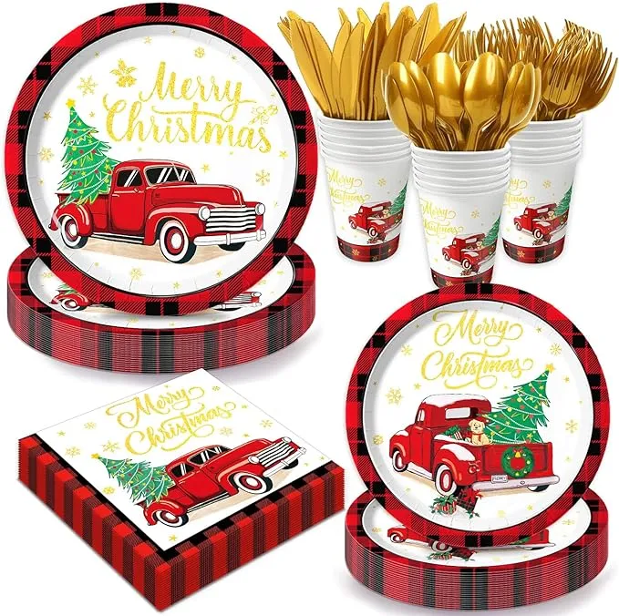 Christmas Paper Plates and Napkins Set Christmas Truck Disposable Dinnerware Included Plates, Cups, Napkins, Cutlery for Christmas Xmas Holiday, Merry Christmas Plates for Party, Serves 24