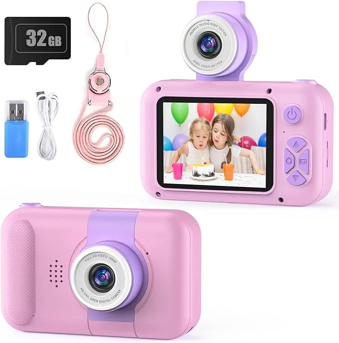 Kids Camera with 180° Flip-up Lens for Selfie & Video, HD Digital Video Cameras for Toddler with 32GB SD Card, Ideal for 3-8 Years Old Girls Boys on Birthday Christmas Party as Gift