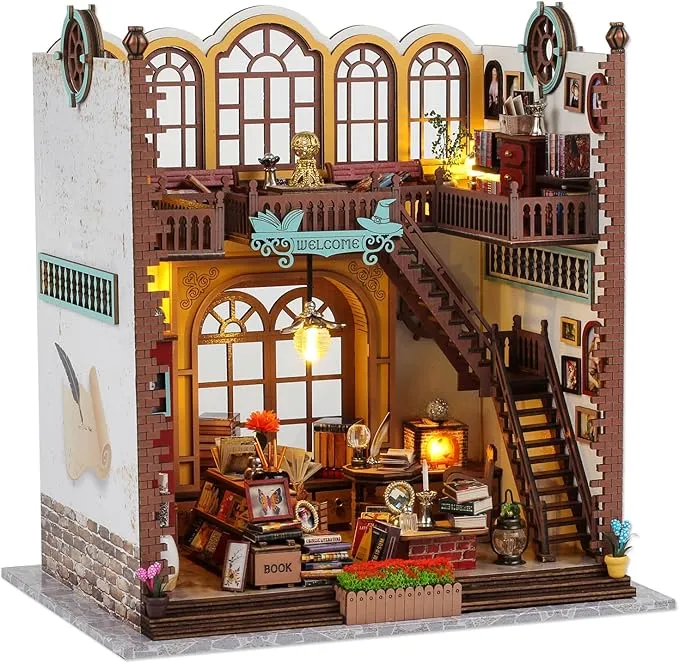 TuKIIE DIY Miniature Dollhouse Furniture Kit, 1:24 Scale Creative Room Wooden Doll House Accessories Plus Dust Proof for Kids Teens Adults(Book Cafe)