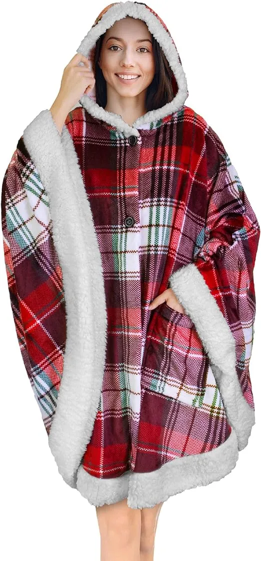 PAVILIA Wearable Blanket for Adult Women, Cozy Plush Fleece Blanket Poncho Cape with Hood, Super Soft Shawl, Angel Wrap Throw for Office, Tartan Plaid