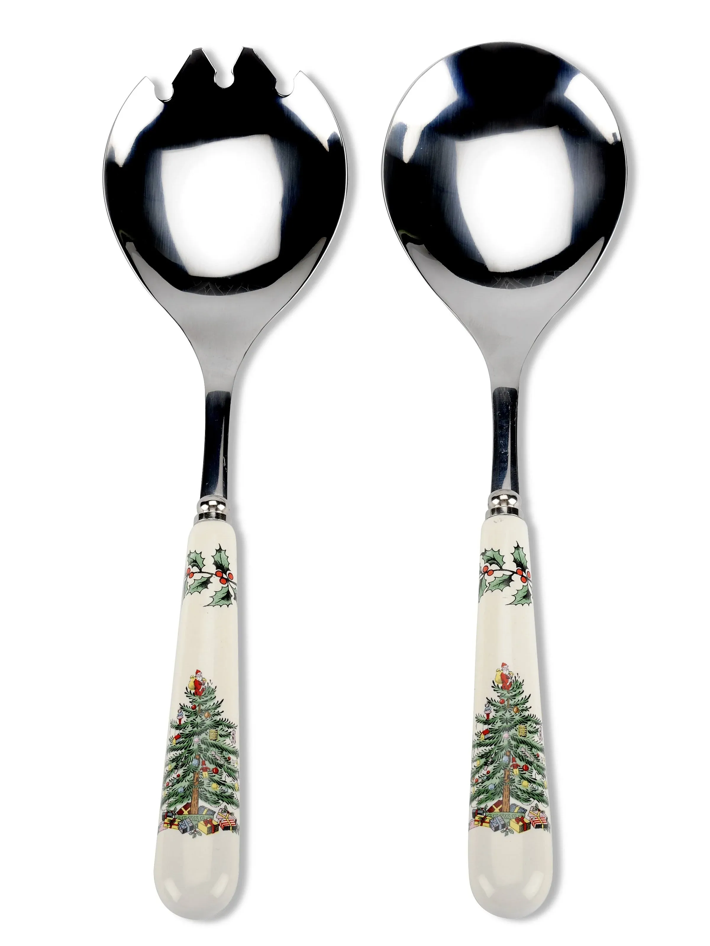 Spode Christmas Tree 9.25&#034; Salad Servers 2-Piece Set, Porcelain/Stai<wbr/>nless Steel