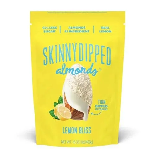 SkinnyDipped Lemon Bliss Yogurt Covered Almonds Healthy Snack Plant Protein Gluten Free 1lb Bulk Bag Pack of 1