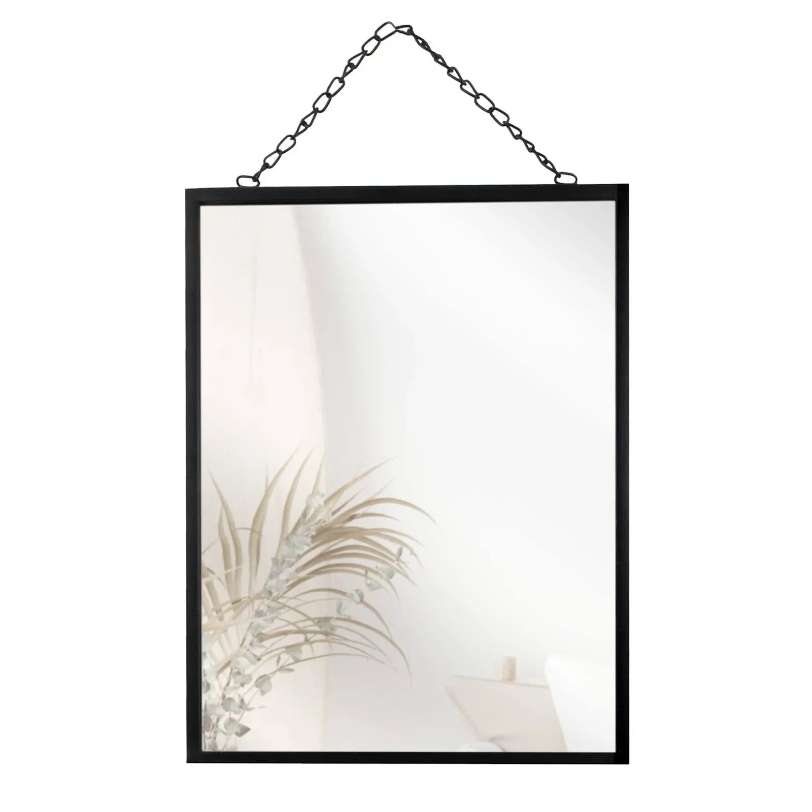 Black Hanging Mirror with Chain, 12 x 16 Inch Rustic Wall Decor for Bathroom, Entry, Dining Room, and Living Room. Metal Rectangle Vanity Mirror, Decorative Mirror.