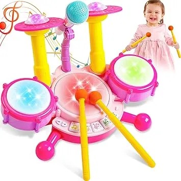 Kids Drum Set for Toddlers 1-3 Musical Baby Girl Toys for 1 Year Old Girl Gifts Educational Microphone Instruments Toys 12-18 Months Toddler Girl Toys Age 1-2 Birthday Gifts Presents for 6 9 12 MonthsKids Drum Set for Toddlers 1-3 Musical Baby Girl Toys 