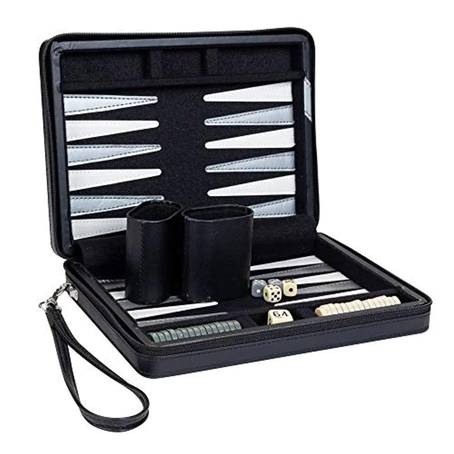 WE Games Travel Magnetic Backgammon Set, Black with Grey Stripe Leatherette Case