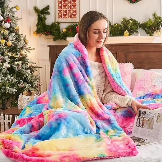 NEWCOSPLAY Super Soft Faux Fur Throw Blanket for Couch Dark Rainbow Sherpa Fuzzy Plush Warm Blanket for Sofa Bed (Dark Rainbow, Throw(50"x60"))