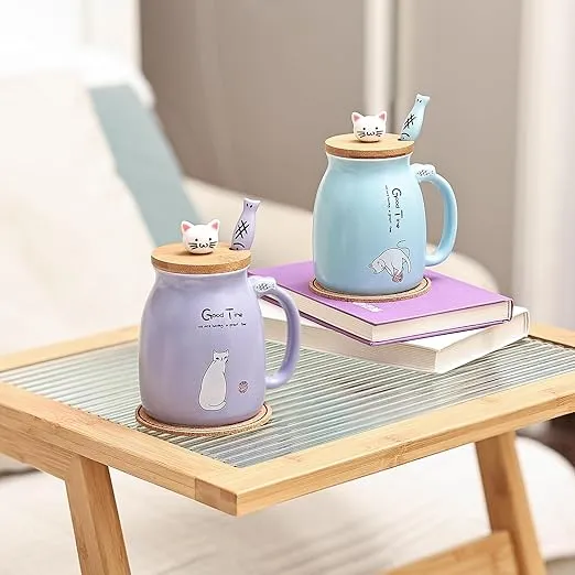 Cat Mugs Set of 2 Cute Cat Tea Cup Set Ceramic Coffee Mug with Kawaii Lid and...