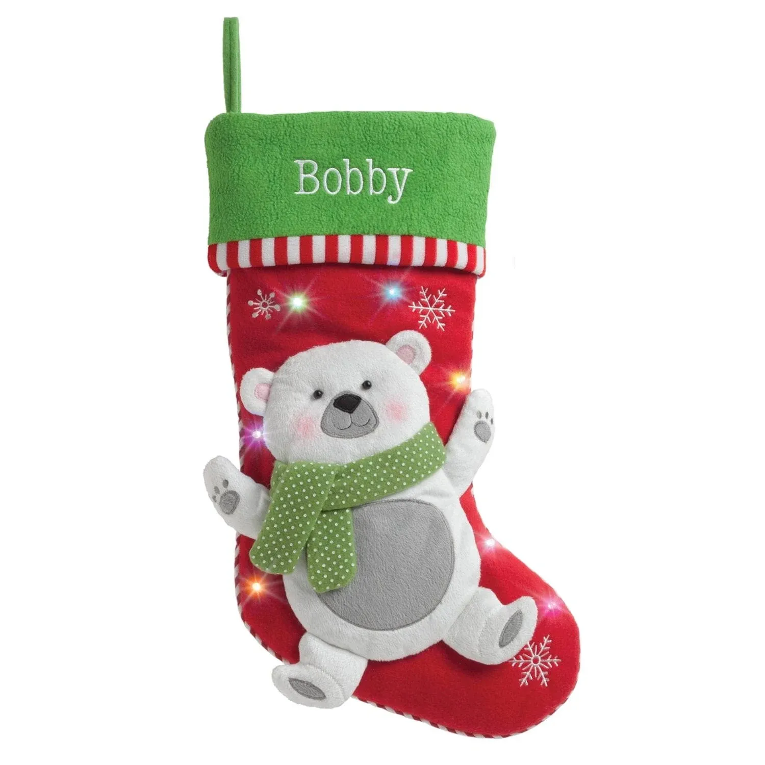 Personalized Planet Polar Bear Christmas Stocking with LED Lights and Custom Name Embroidery | 3-D Character Stocking with Colorful Twinkling Lights | Green Cuff | Festive Home Décor | Ready to Hang