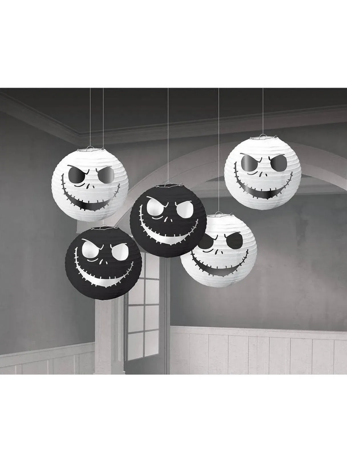 ?Disney Tim Burton's Nightmare Before Christmas Mini Lanterns - (5") Pack of 5 - Black & White Foil Hot-Stamp - Perfect Party Decor for Halloween & Festive Atmosphere