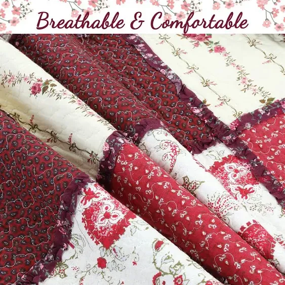 Cozy Line Home Fashions Burgundy Vintage Cottage Floral Rose Flower Real Patchwork 100% Cotton Bedding Quilt Set, Coverlet Bedspread (Red Lace, Queen - 3 Piece)