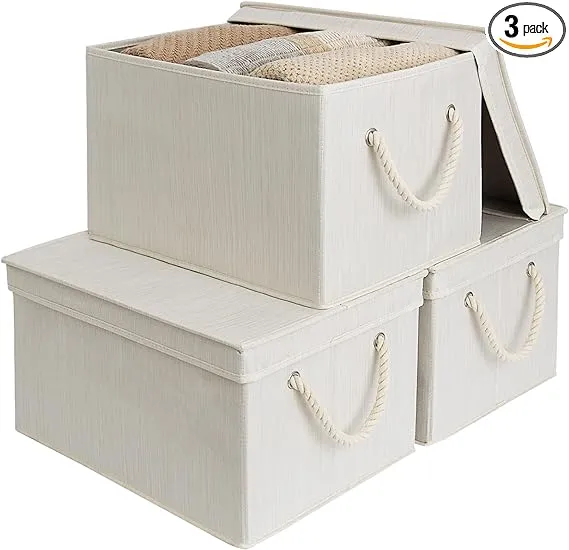 StorageWorks 32L Storage Bins with Lids, Decorative Storage Boxes with Lids and Soft Rope Handles, Mixing of Beige, White & Ivory, Jumbo, 3-Pack