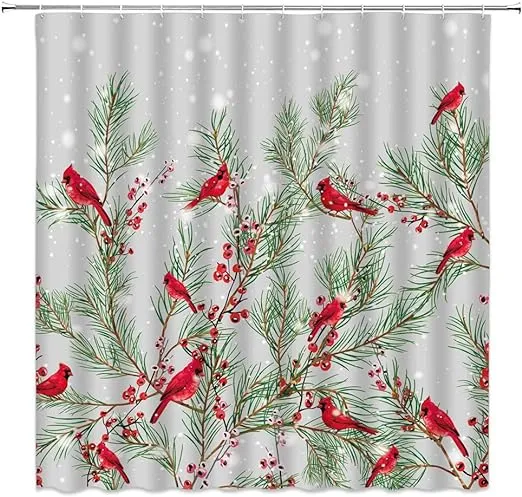 Christmas Red Bird Shower Curtain Merry Christmas Winter Holiday Watercolor Bird