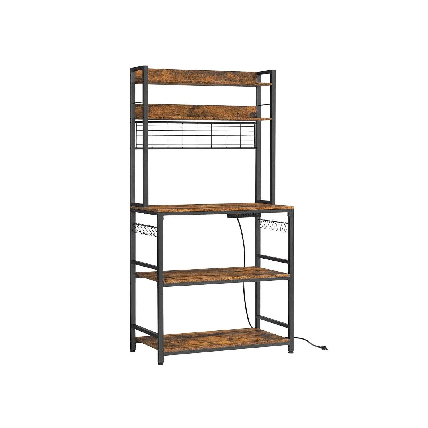 VASAGLE Hutch Bakers Rack with Power Outlet, 14 Hooks Microwave Stand, Adjustable Coffee Bar with Metal Wire Panel, Kitchen Storage Shelf, 15.7 x 31.5 x 66.9 Inches, Rustic Brown and Black UKKS025B01