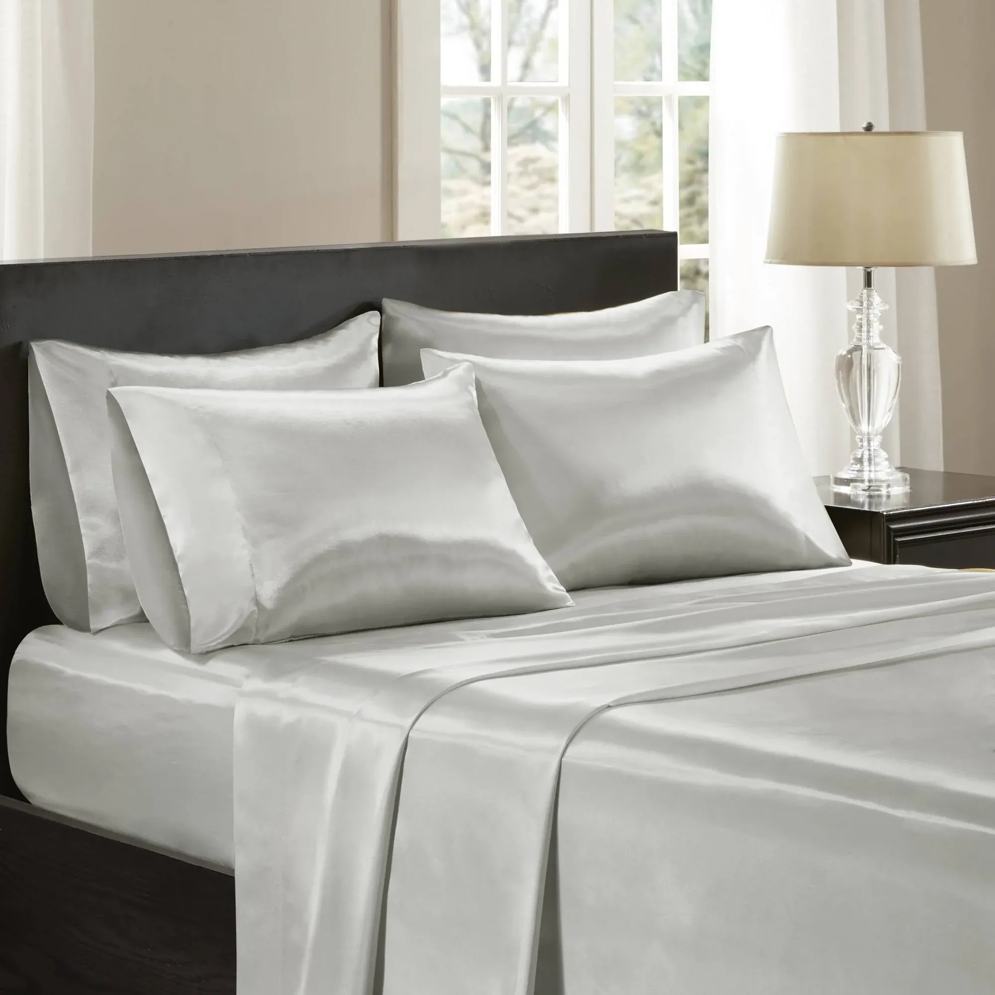 Madison Park Essentials Satin Queen Light Grey Luxury 6 PC Sheet Set