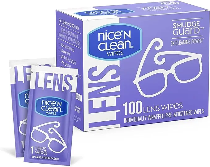 Nice 'n Clean SmudgeGuard Lens Cleaning Wipes (100 Total Wipes) | Pre-Moistened Individually Wrapped Wipes | Non-Scratching & Non-Streaking | Safe for Eyeglasses, Goggles, & Camera Lens