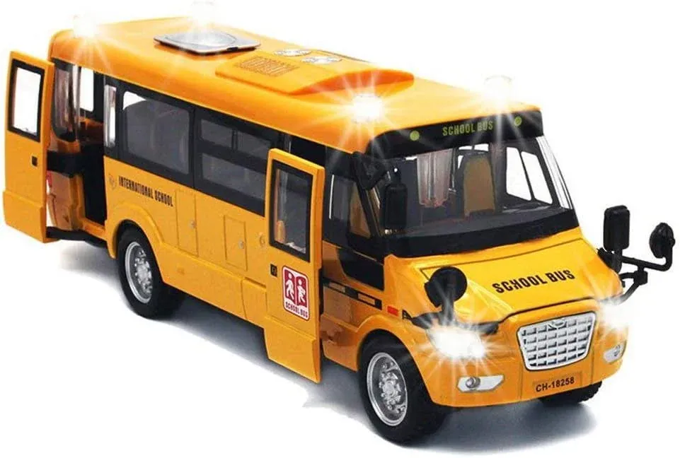 9" Large Bright Yellow School Bus, Pull Back Light Up and Sounds Die-cast Metal Toy Vehicles with Openable Doors Play Bus for Kids