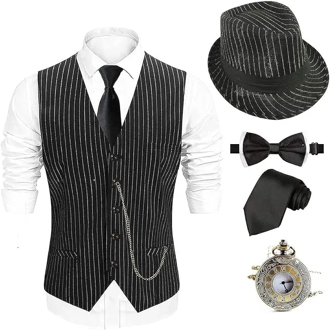 EFORLED 1920s Mens Costume Fedora Hat,Gatsby Gangster Vest,Vintage Pocket Watch,Pre Tied Bow Tie,Tie