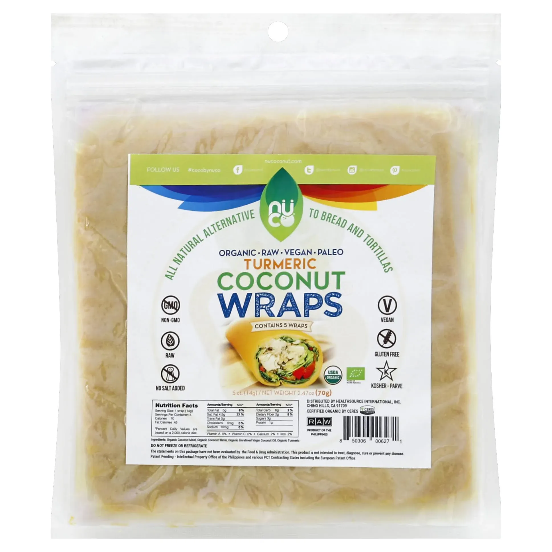 Nuco Organic Coconut Wraps, Turmeric - 5 count, 2.47 oz packet