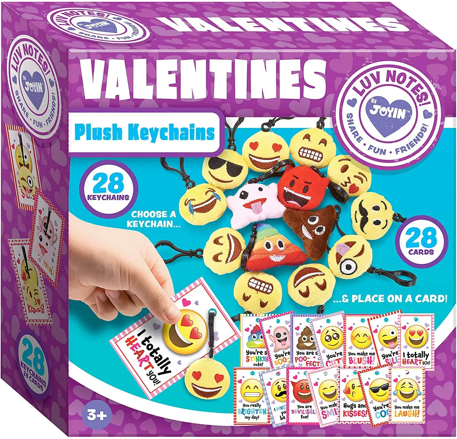 JOYIN 28 Pack Valentines Day Gifts Cards with Expression Face Plush Key-chain, Greeting Cards with Plush for Valentine Classroom Exchange, Kids Party Favor, Game Prizes and School Rewards