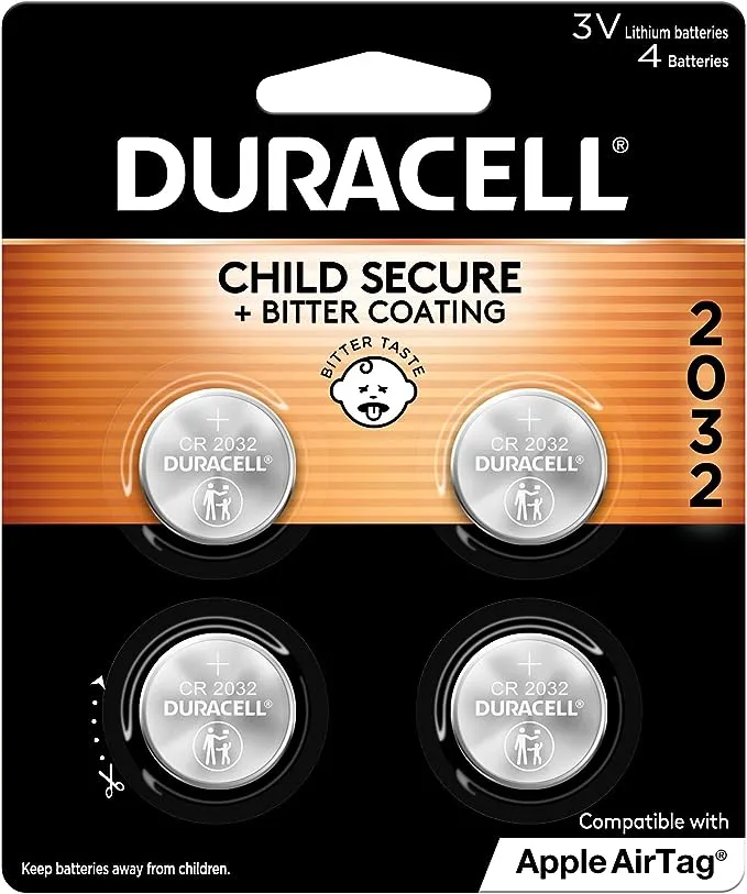 Duracell CR2032 3V Lithium Battery, Child Safety Features, 4 Count Pack, Lithium Coin Battery for Key Fob, Car Remote, Glucose Monitor, CR Lithium 3 Volt CellDuracell CR2032 3V Lithium Battery, Child Safety Features, 4 Count Pack, Lithium Coin Battery fo