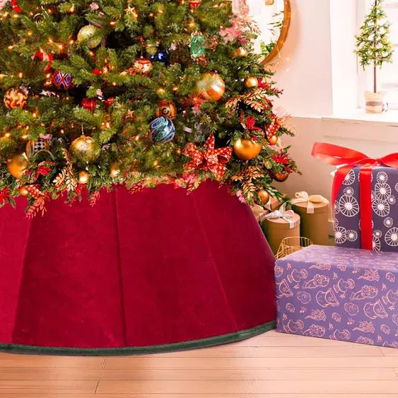 Christmas Tree Collar,Velvet Foldable Christmas Tree Skirt, Xmas Tree Stand Base Cover for Artificial Christmas Trees Decoration(Red)