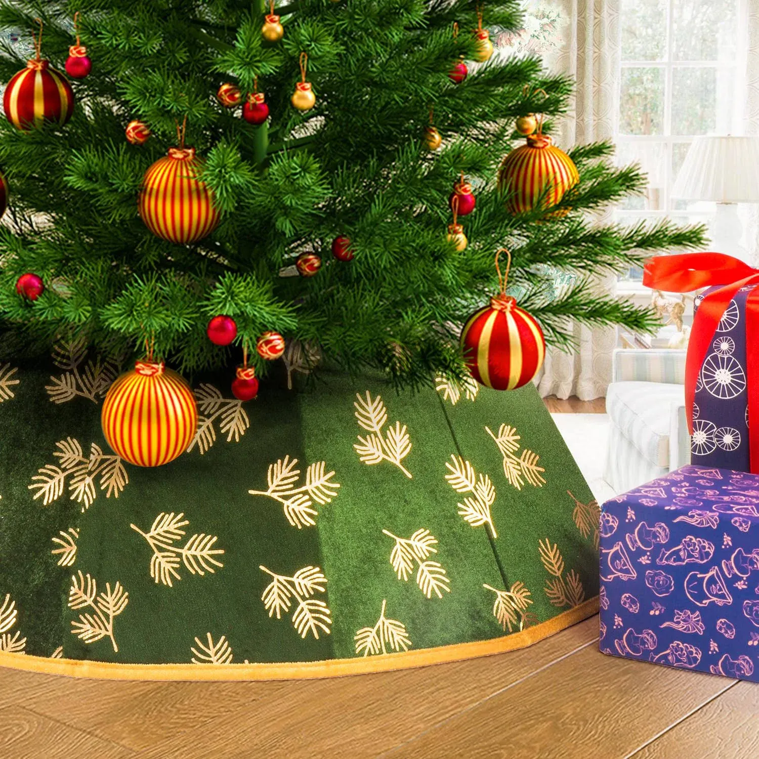 Christmas Tree Collar,Velvet Foldable Christmas Tree Skirt, Xmas Tree Stand Base Cover for Artificial Christmas Trees Decoration (Green)