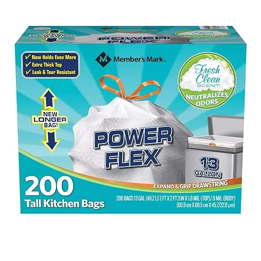 Member&#039;s Mark Power Flex Tall Kitchen Drawstring Trash Bags (13 Gallon, 2 Rol...