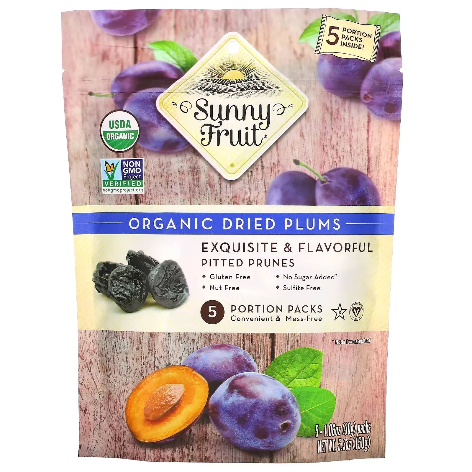 ORGANIC Prunes - Sunny Fruit - (5) 1.06oz Portion Packs per Bag | Purely Dried