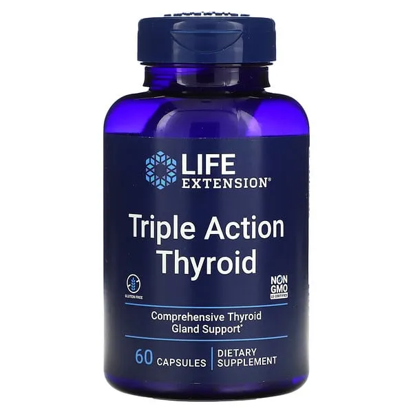 Life Extension Triple Action Thyroid - Thyroid Health Support Supplement with Vitamins A, B, Iodine, Magnesium, L-Tyrosine, Ashwagandha & Ginseng for Energy – Non-GMO, Gluten-Free - 60 Capsules