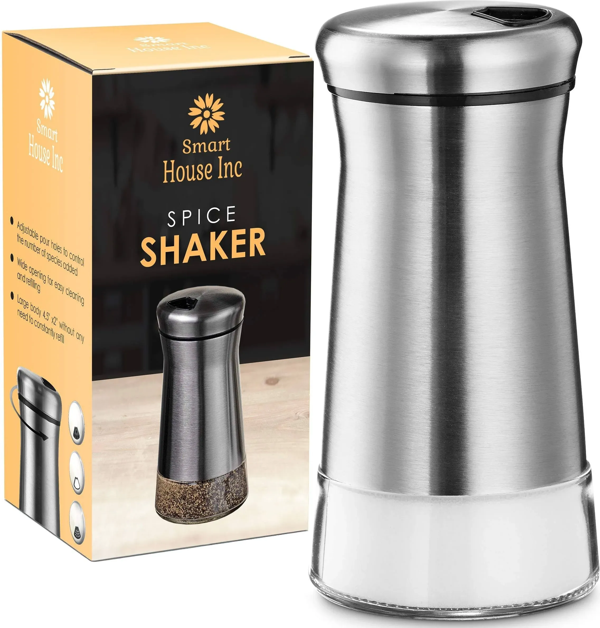 The Original Salt and Pepper Shakers set - Spice Dispenser with Adjustable Pour Holes - Stainless Steel & Glass 1 Bottle