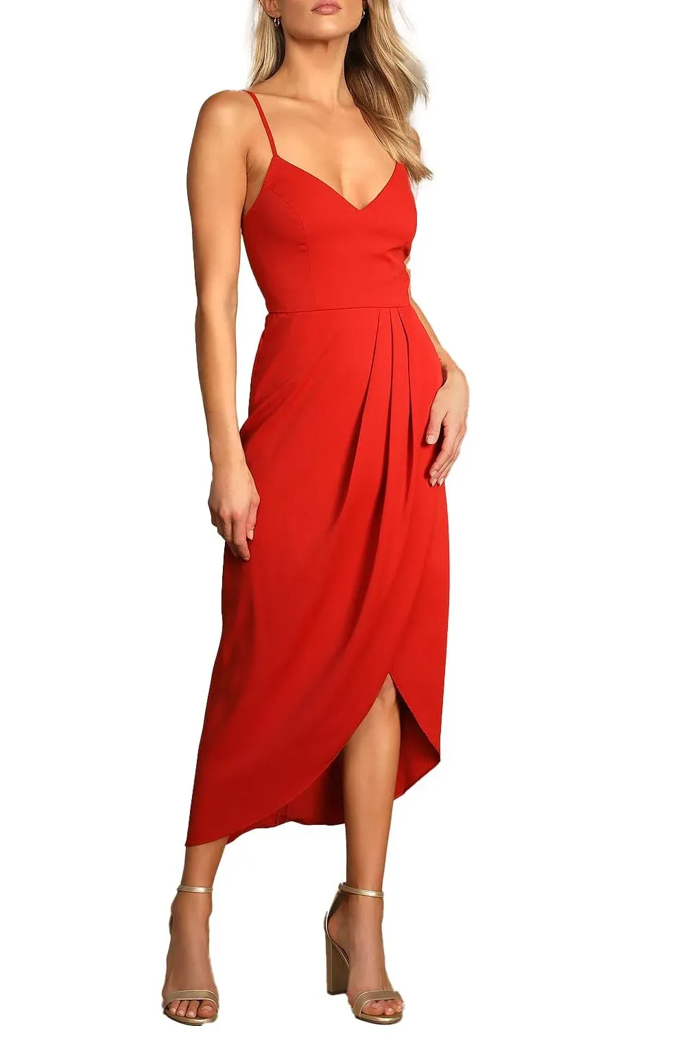 Lulus Women's Reinette High-Low Midi Cocktail Dress with Skinny Straps and V-Neckline