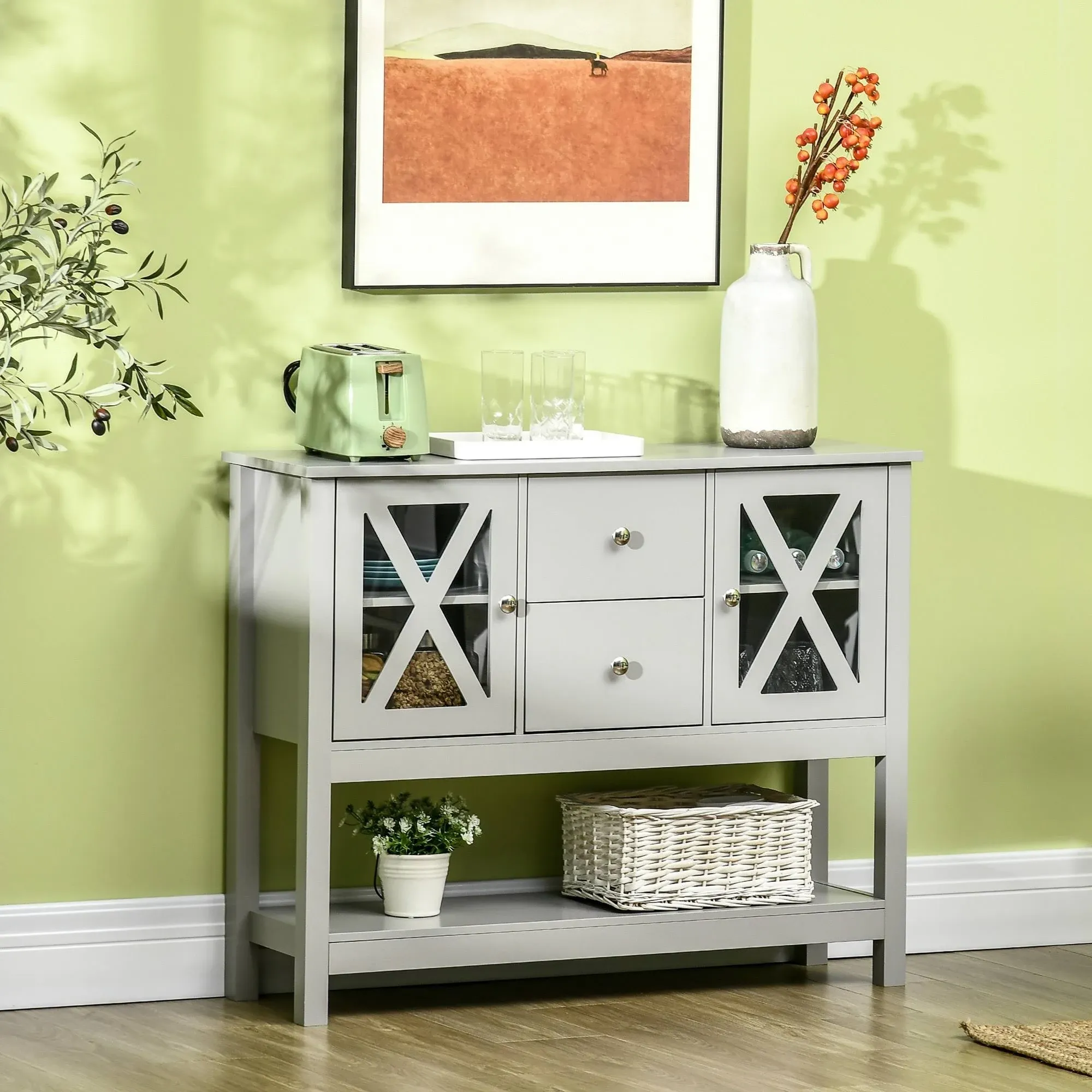 HOMCOM Modern Sideboard, Glass Door Buffet Cabinet with Adjustable Shelves - Grey