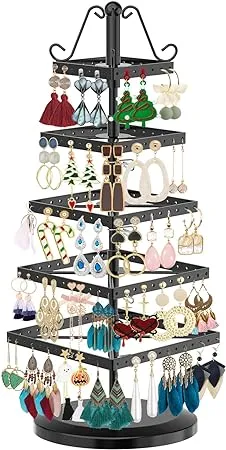 MODOWEY 5 Tiers Metal Rotating Earring Holder Organizer, Exquisite Jewelry Display Stand Necklace Rack Holder, 220 Holes for Earrings- 14x6.3 Inch (