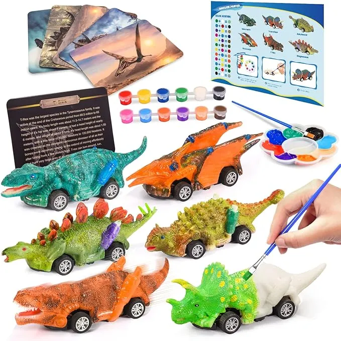 faentwc Dinosaur Toys for Kids 3-12 Year Old 2 in 1 Dinosaurs Painting Kits and Pull Back Cars Toy for Boys 5-7 Arts and Crafts