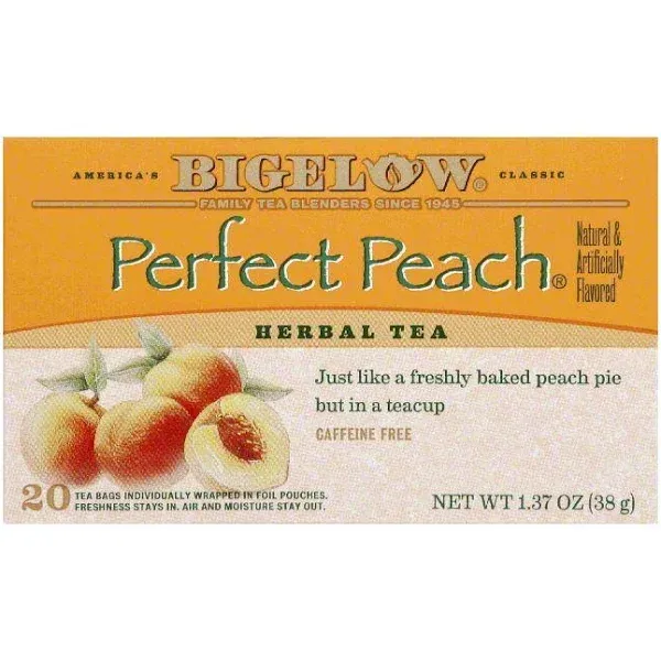 Bigelow Tea Perfect Peach Herbal Tea, Caffeine Free Tea with Peach and Herbs, 20 Count Box (Pack of 6), 120 Total Tea Bags