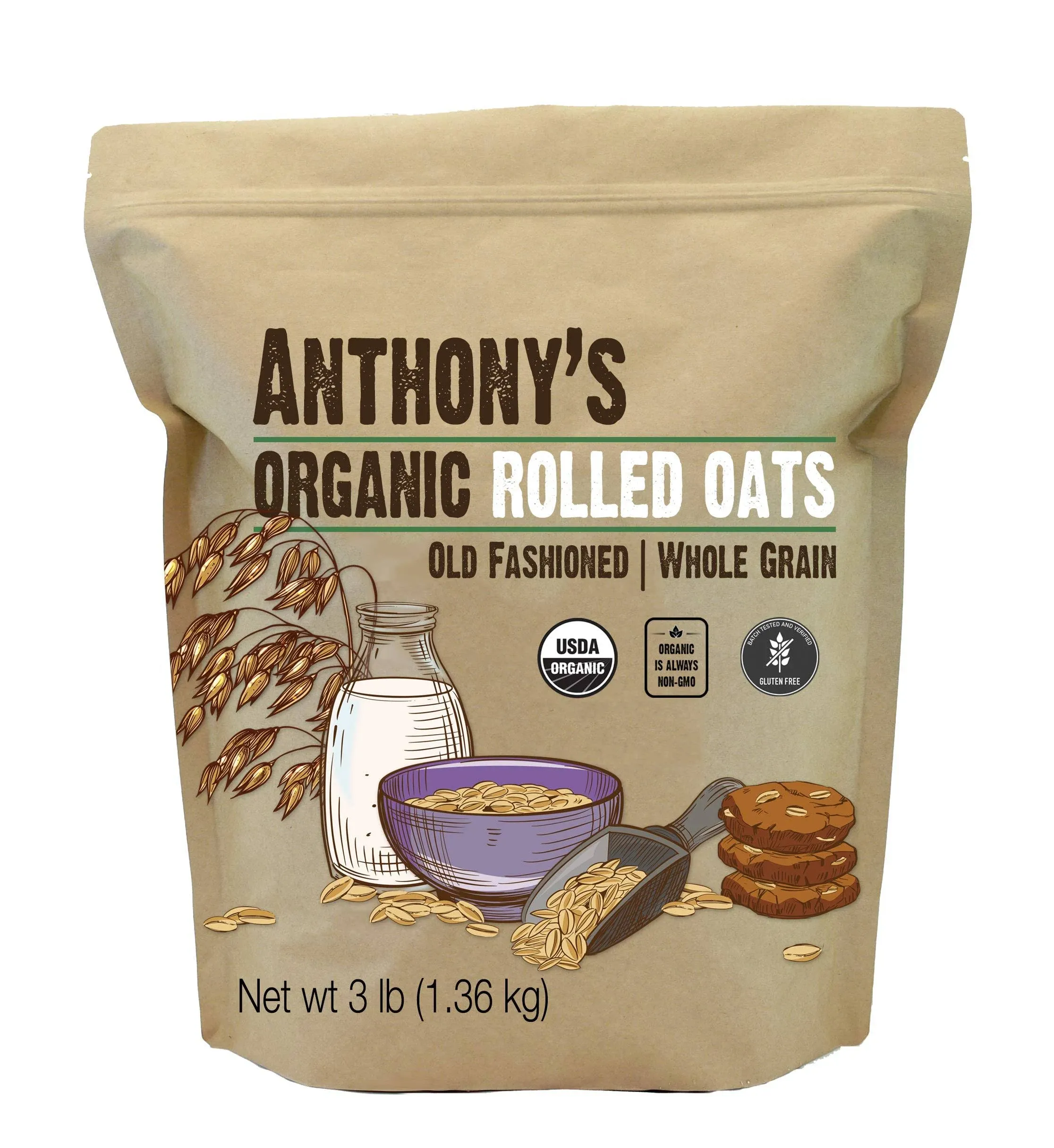 Anthonys Organic Rolled Oats, 3 lb, Gluten Free, Non GMO, Old Fashioned, Whole Grain