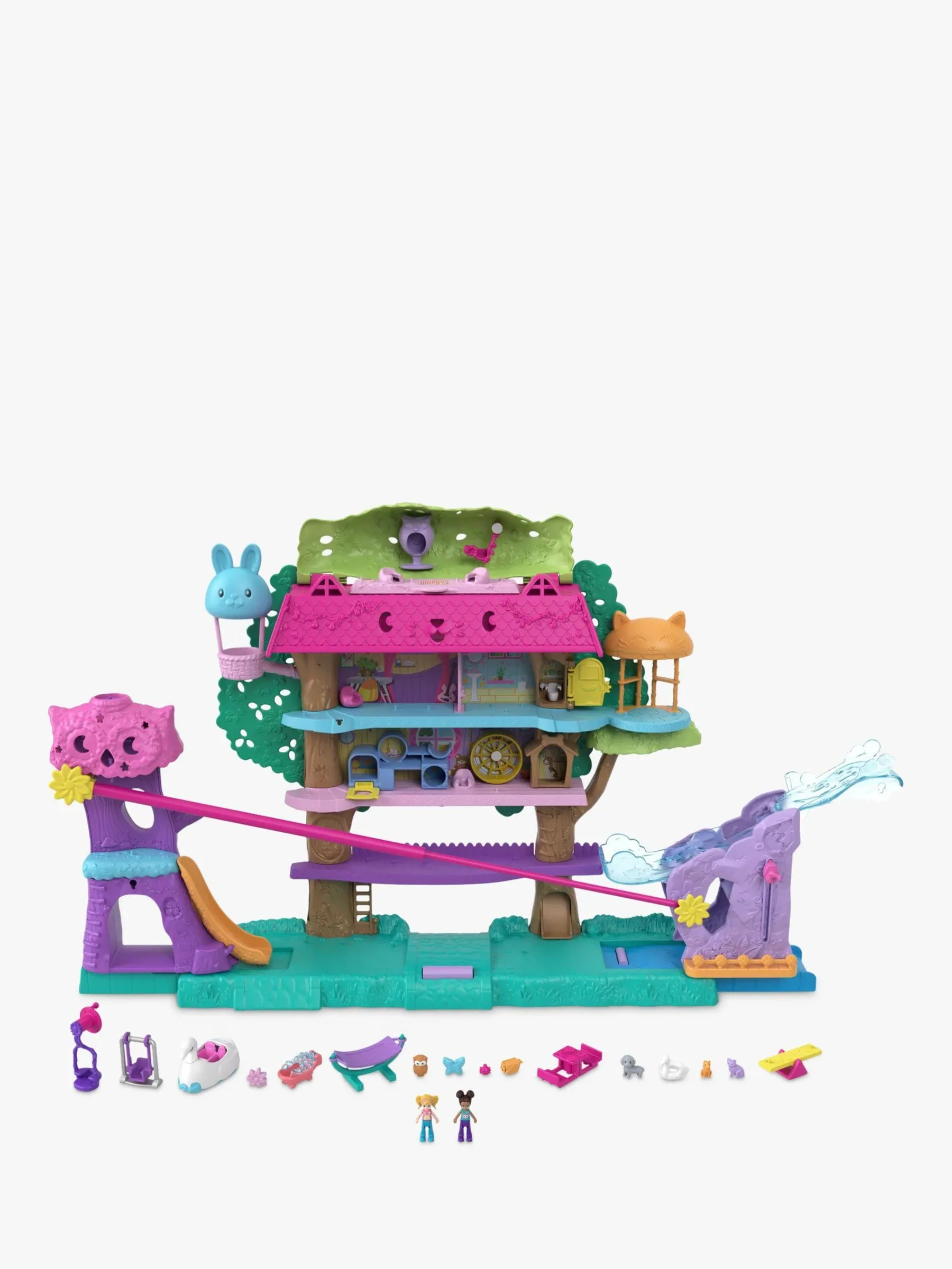 Polly Pocket Pollyville Pet Adventure Treehouse, 5 Floors, 15+ Play Pieces: Polly & Shani Dolls, Vehicle, 4 Animals & More, Great Gift for Ages 4 Years Old & Up [Mainline] 