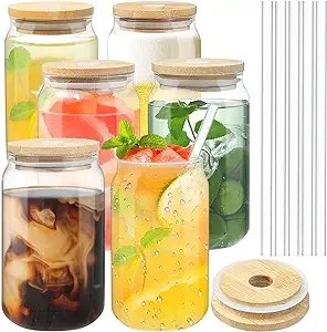 Yephets Drinking Glasses (16oz) with Bamboo Lids and Plastic Straw, Pack of... 