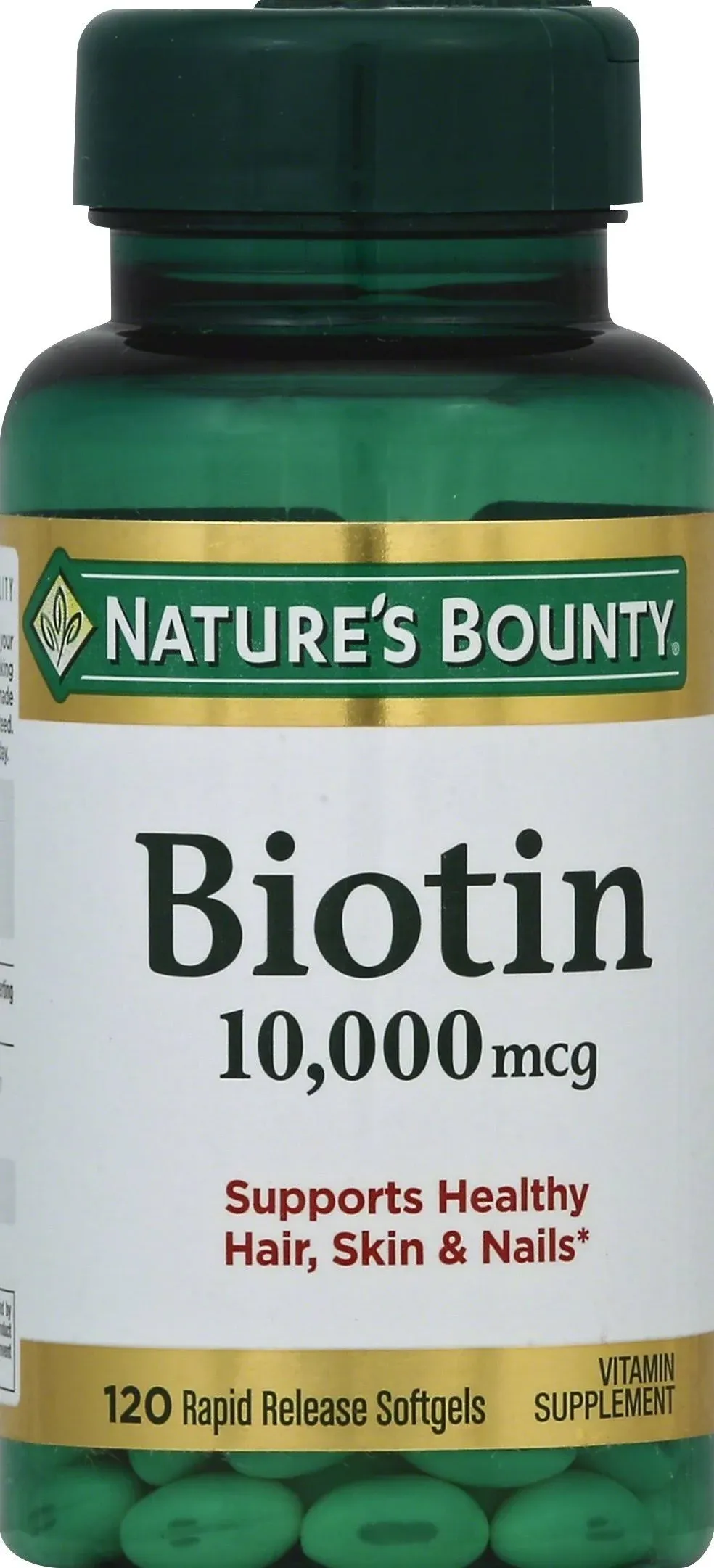 Nature's Bounty Biotin, Supports Healthy Hair, Skin and Nails, 10,000 mcg, Rapid Release Softgels, 120 Ct