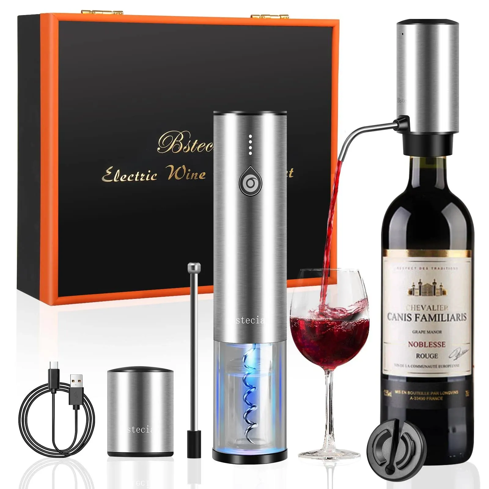 Bsteciar Electric Wine Openers Set with Wooden CaseOne Click Automatic Electric Wine