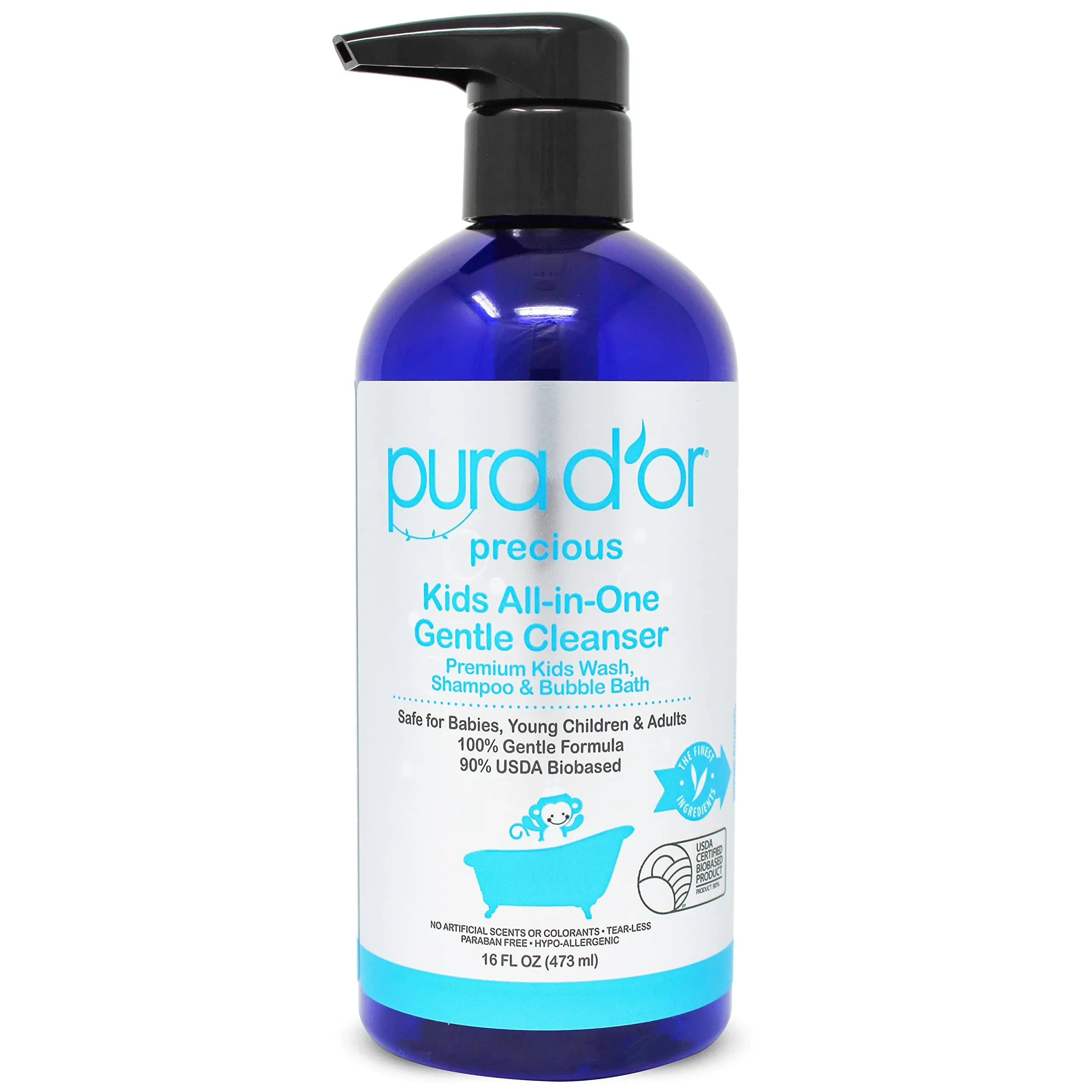 PURA D'OR 16 Oz Kids Wash - All-in-One Gentle Cleanser - USDA Biobased, Sulfate-Free, Tear-Less, Hypoallergenic, Premium, Shampoo & Bubble Bath