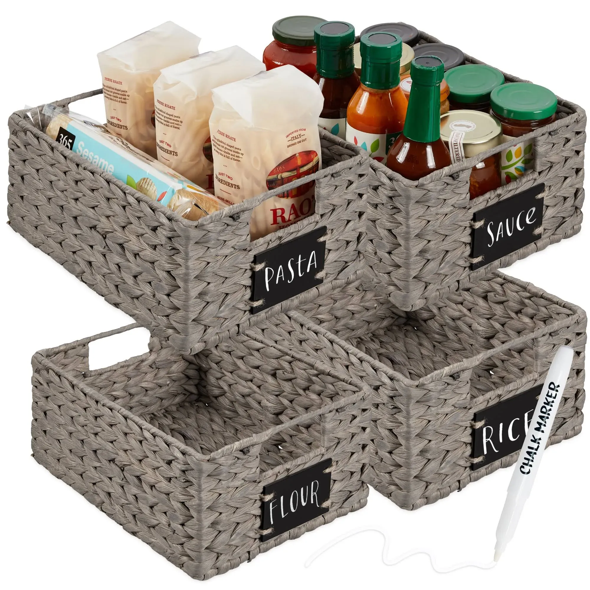 Best Choice Products Set of 4 12in Woven Water Hyacinth Pantry Baskets w/ Chalkboard Label, Chalk Marker - Gray