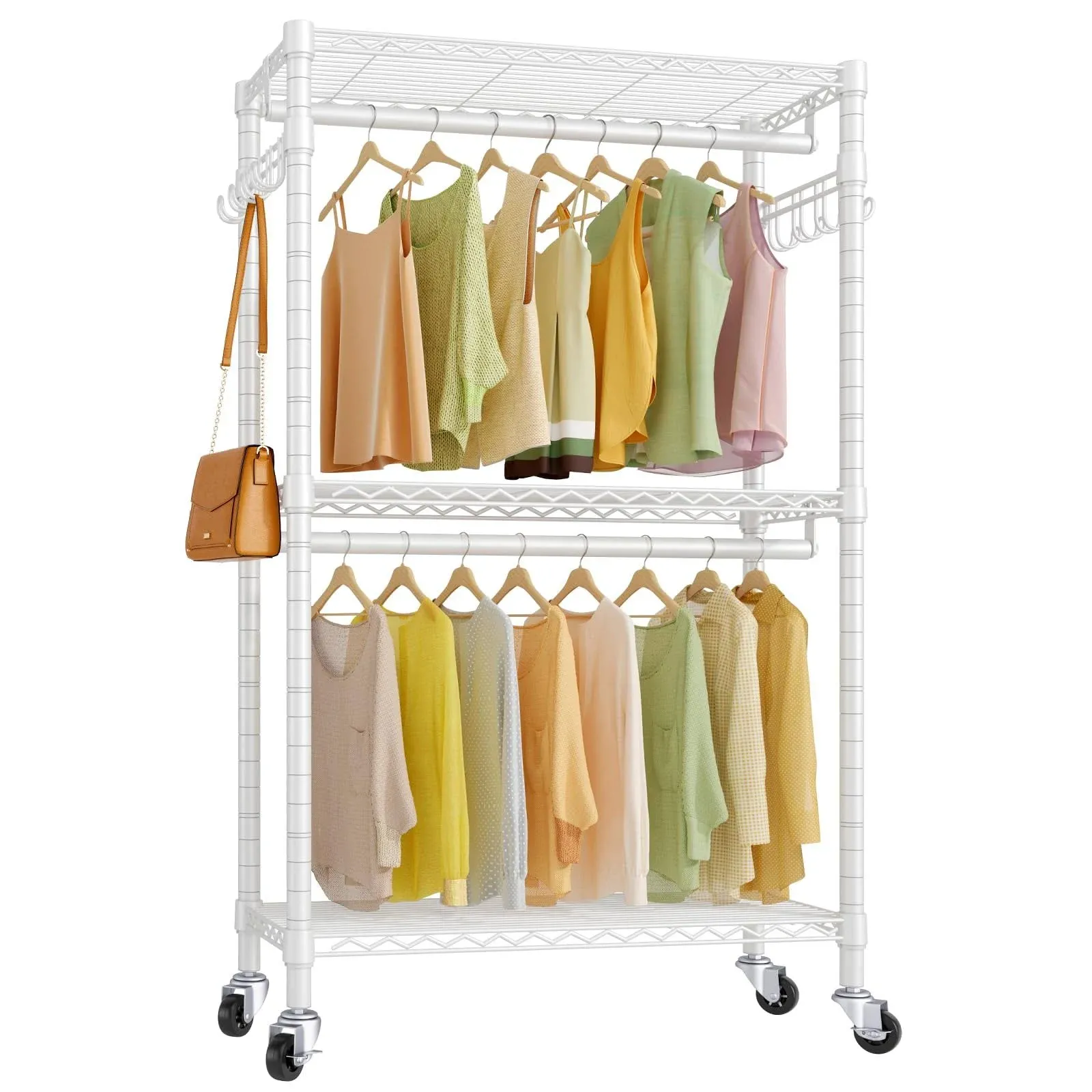 VIPEK V12 Medium Heavy Duty Rolling Garment Rack 3 Tiers Clothes Rack Freestanding Wardrobe Closet Storage Rack, White