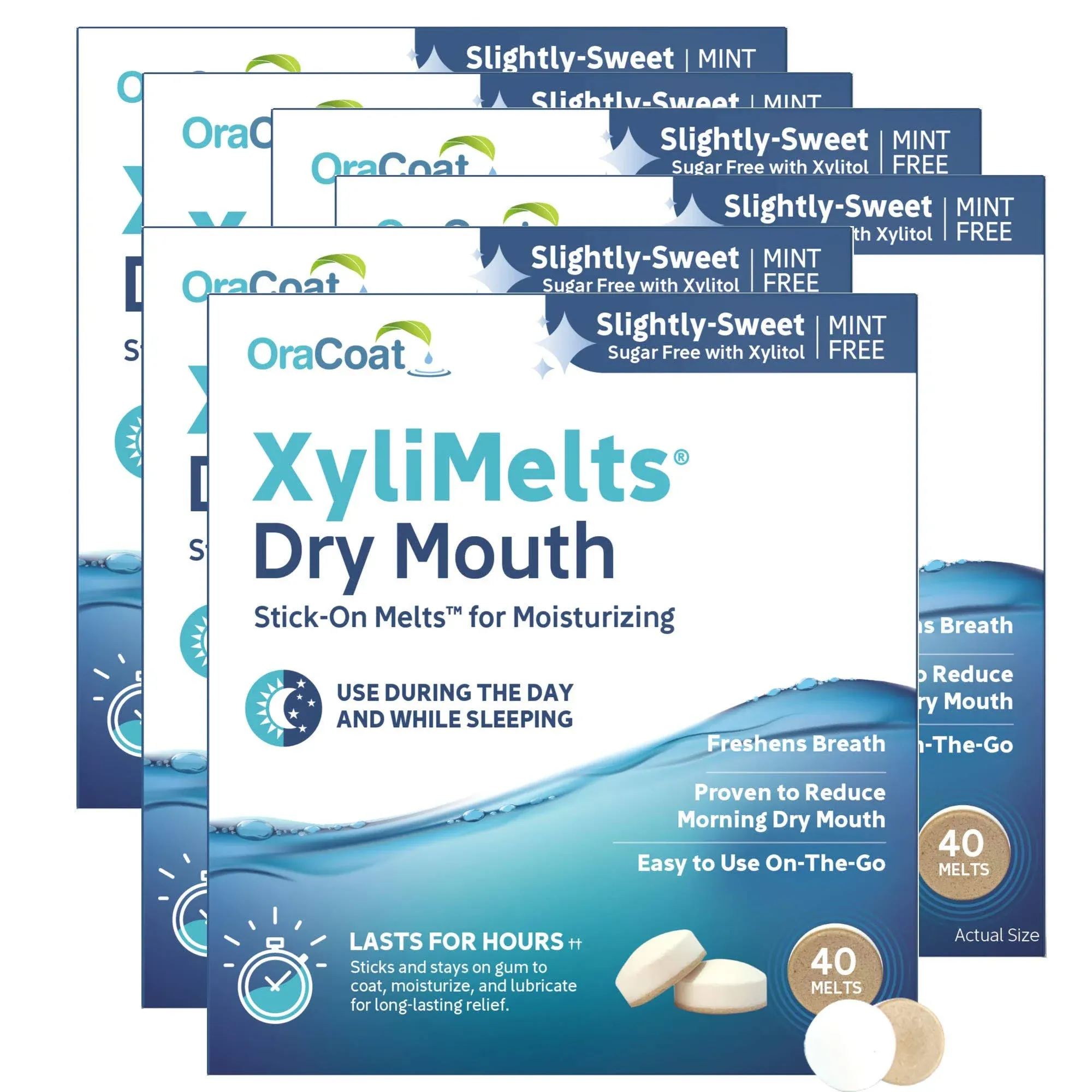 OraCoat XyliMelts Dry Mouth Relief Moisturizing Oral Adhering Discs 40 Count, 6 Pack, Slightly-Sweet with Xylitol, for Dry Mouth, Stimulates Saliva