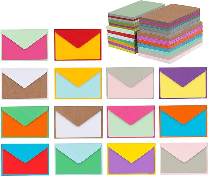 Purple Q Crafts 140 Mini Envelopes with Blank Note Cards, Assorted Colors 4"x 2.7" Small Colorful Envelopes for Thank You Cards, Business Cards, Gift Cards Cute Envelopes And Note Cards…